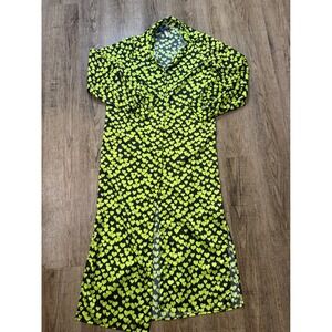 Cras Copenhagen Neon Lime Green Heart Print Midi Shirt Dress Size 38 US 6-8